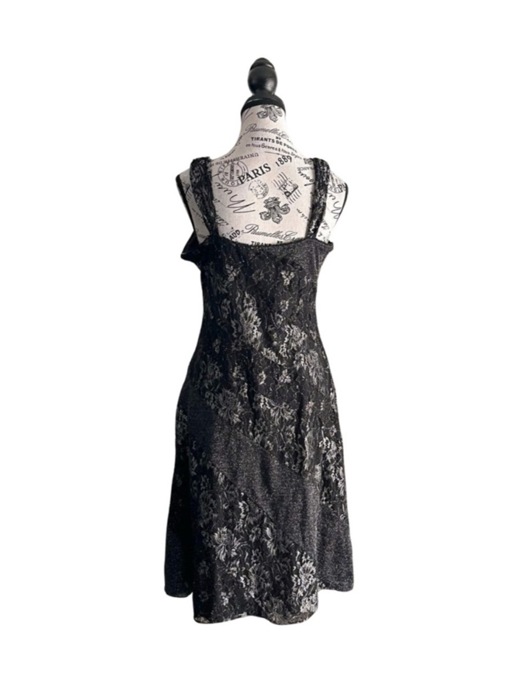 Vintage 90s Y2K Terra Nostra Black Silver Lace Slip Dress Size Large (12) - Picture 2 of 2